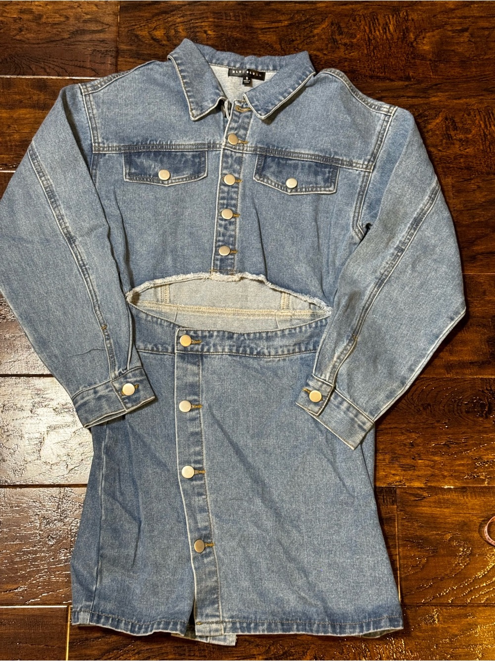 NWOT Blue Blush Denim Long Sleeve Button Front Mini Dress Midriff Cutout Sz Sm